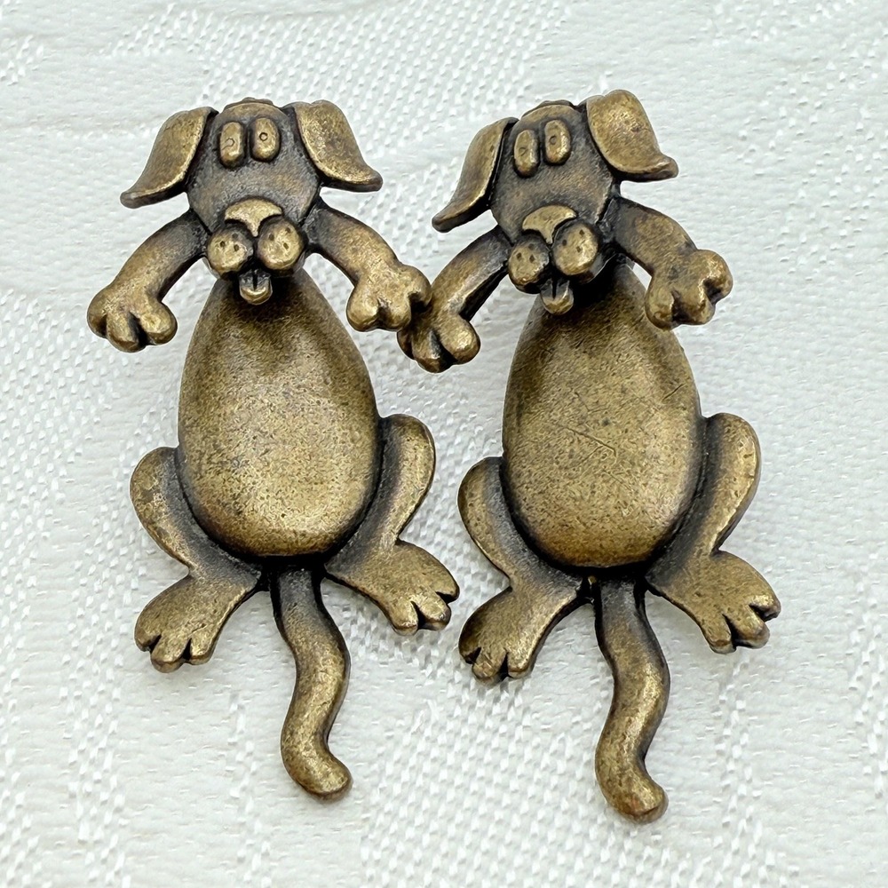 Vintage Kitschy Signed JJ Brass Gold Tone Dog Post Stud Earrings